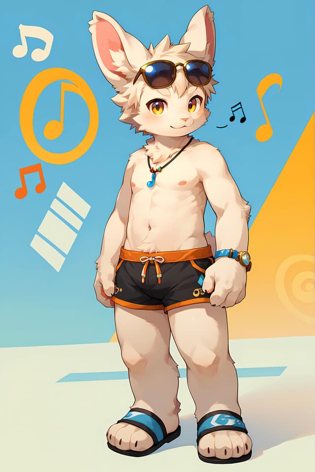 A cartoon anthropomorphic character with rabbit-like features stands confidently, wearing sunglasses, a necklace, swim shorts, and sandals. Musical notes and symbols are in the background, suggesting a playful, summery theme