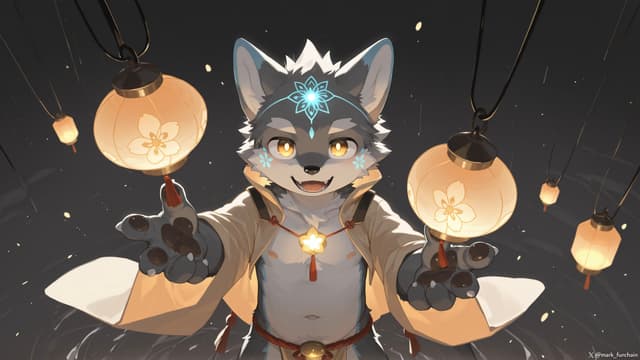 A wolf-like anthropomorphic character wearing a robe, holding glowing lanterns with an inviting expression The background is dark, highlighting the warm light from the lanterns