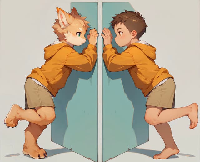 A boy and a humanoid fox character, both wearing orange hoodies and shorts, face each other with a mirror between them, creating a symmetrical reflection effect