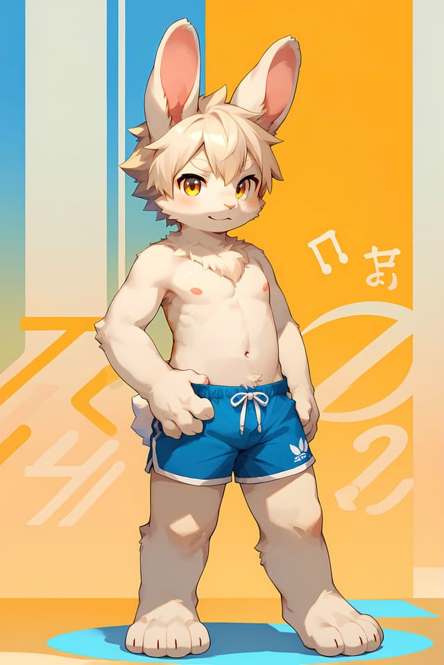 A cartoon anthropomorphic rabbit character with light brown fur, wearing blue shorts, standing confidently against a colorful background with abstract designs and Japanese characters