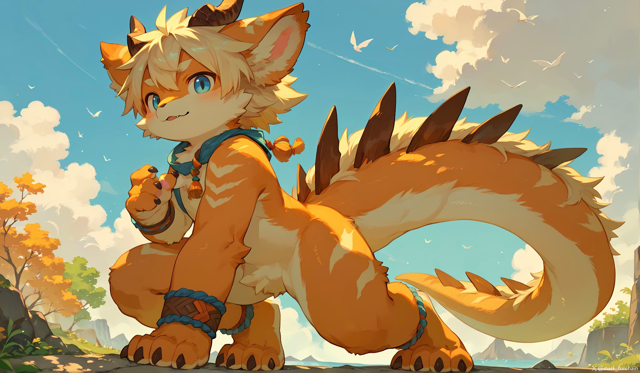 A cartoon-style creature with orange fur, blue eyes, and a playful expression stands in a sunny outdoor setting with a clear sky and clouds