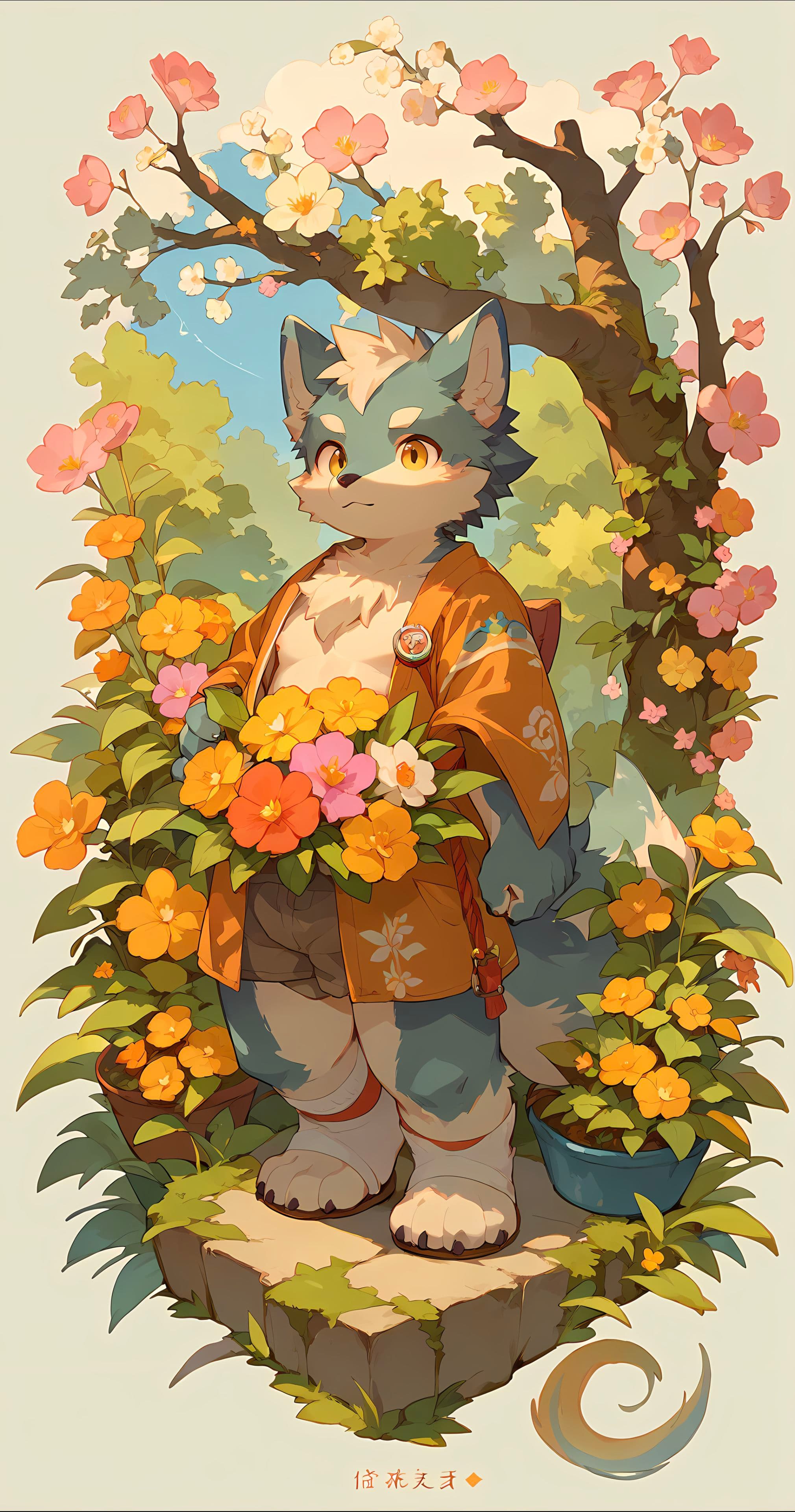 A stylized anthropomorphic wolf character stands on a stone platform surrounded by vibrant flowers and lush greenery, wearing a traditional orange kimono