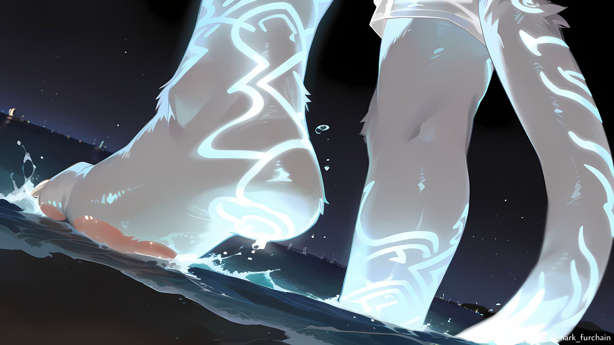 A pair of glowing, tattooed legs walking on water at night, with light reflections on the surface