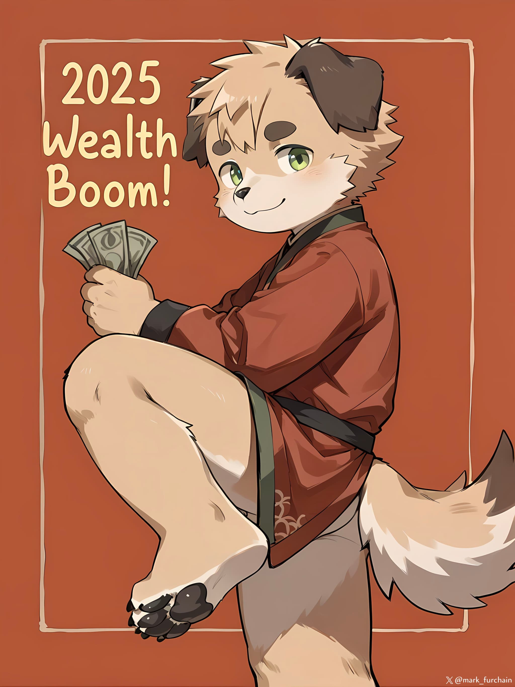 A cartoon anthropomorphic dog character in a red outfit holds money, with the text 2025 Wealth Boom! in the background