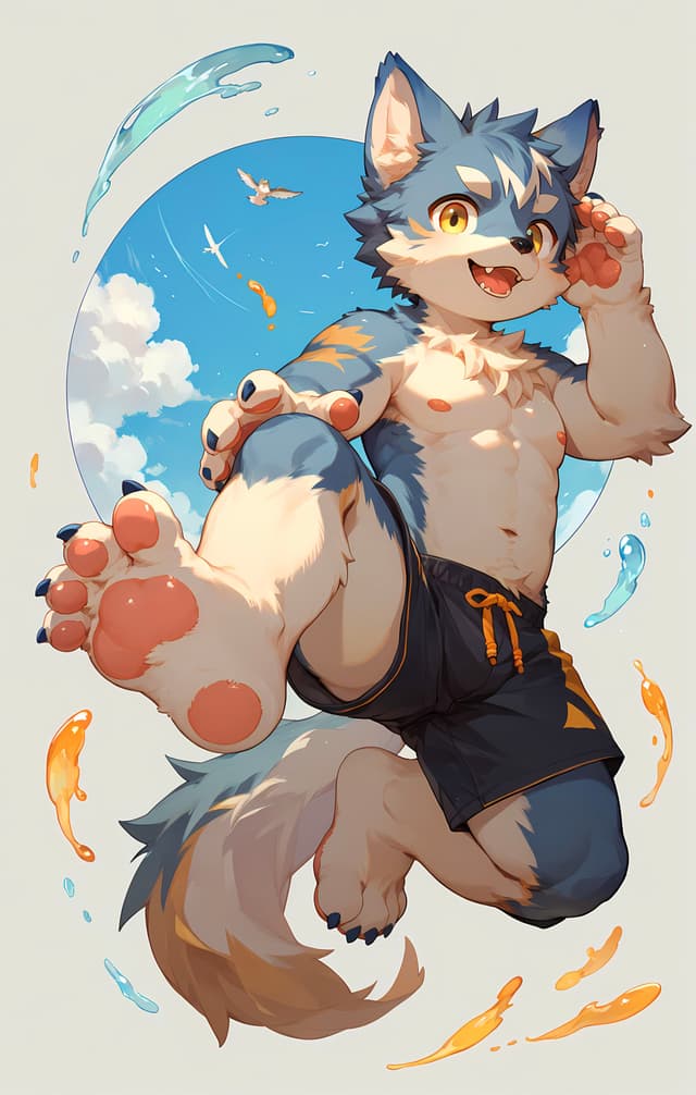 A playful, anthropomorphic wolf character with blue and white fur, wearing shorts, is joyfully leaping in the air. The background features a bright sky with clouds, birds, and swirling fish