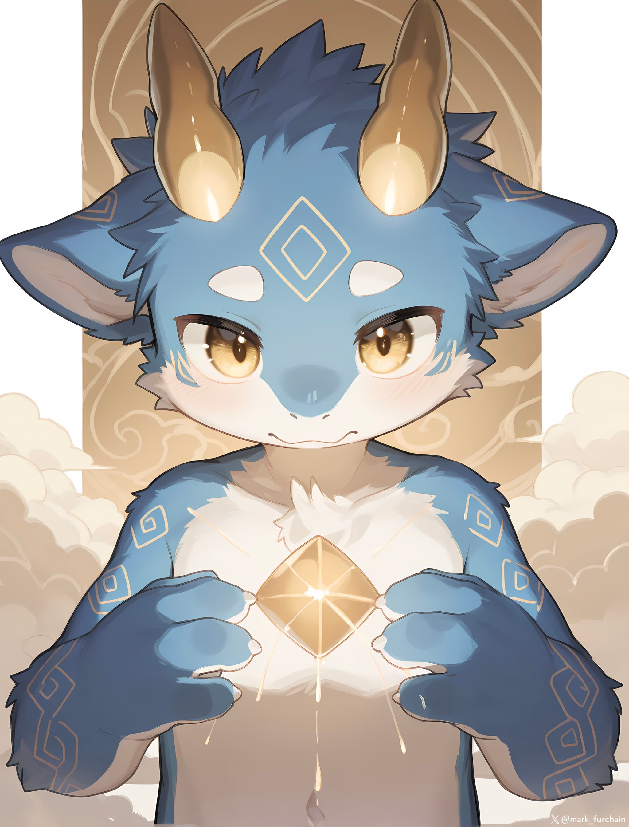 A blue, anthropomorphic creature with horns and geometric markings holds a glowing diamond-shaped object, set against a cloudy background