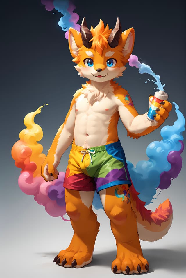 An anthropomorphic fox character with orange fur, wearing rainbow-colored shorts, holding a can with colorful smoke swirling around