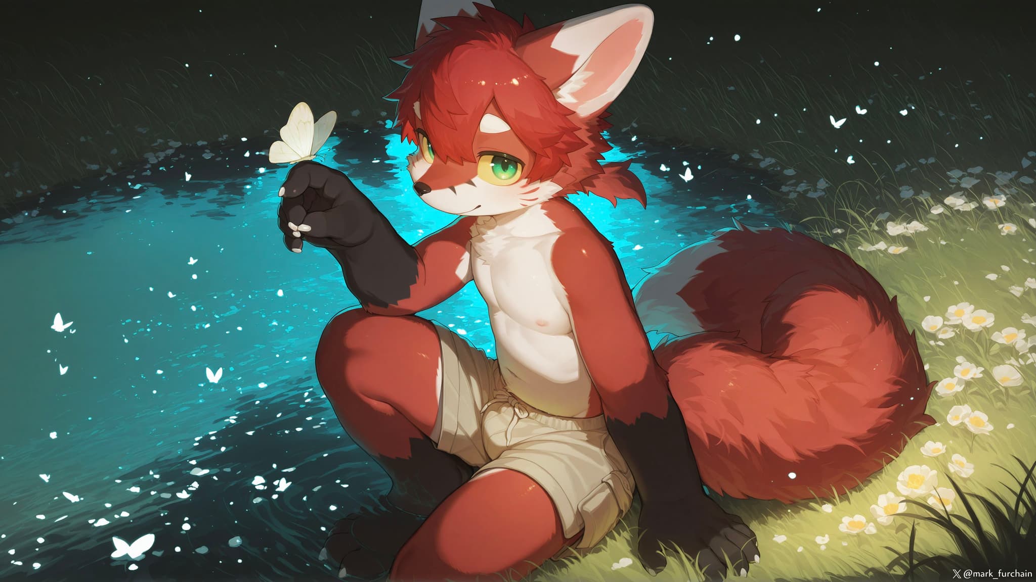 A red-furred anthropomorphic fox character sitting by a glowing pond, holding a butterfly on its paw, surrounded by small white butterflies