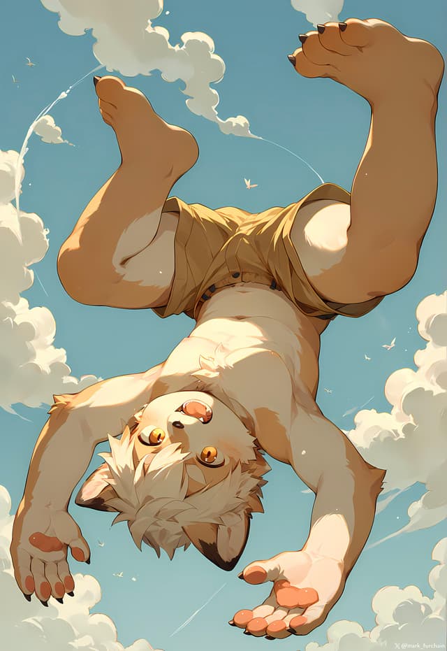 A cartoon anthropomorphic character with animal features, wearing shorts, is playfully falling or floating against a blue sky with clouds