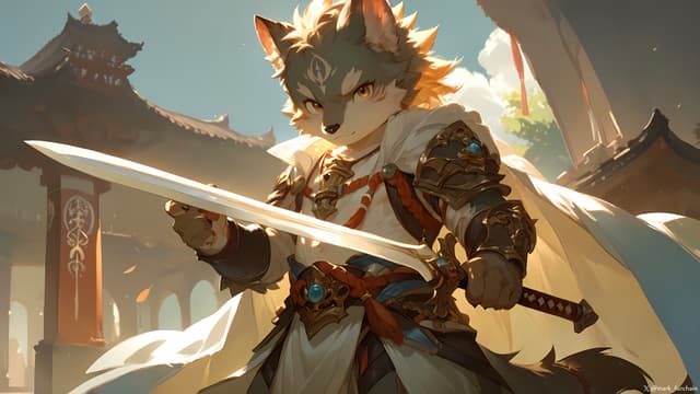 A wolf-like warrior in armor holding a sword, set against a backdrop of traditional Asian architecture