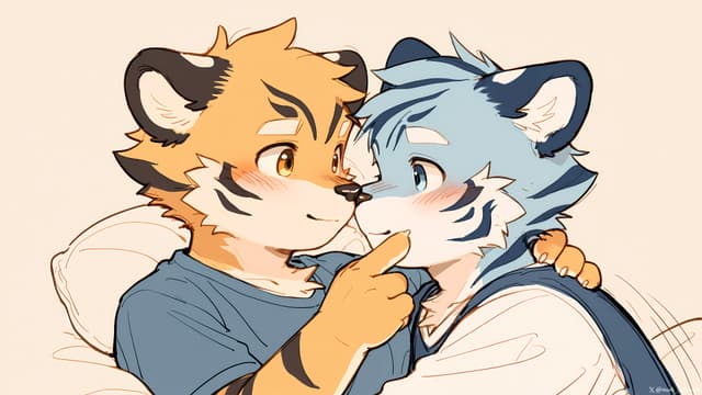 Two anthropomorphic tiger characters, one orange and one blue, are affectionately touching noses. They are wearing casual clothing and appear to be in a close, friendly embrace