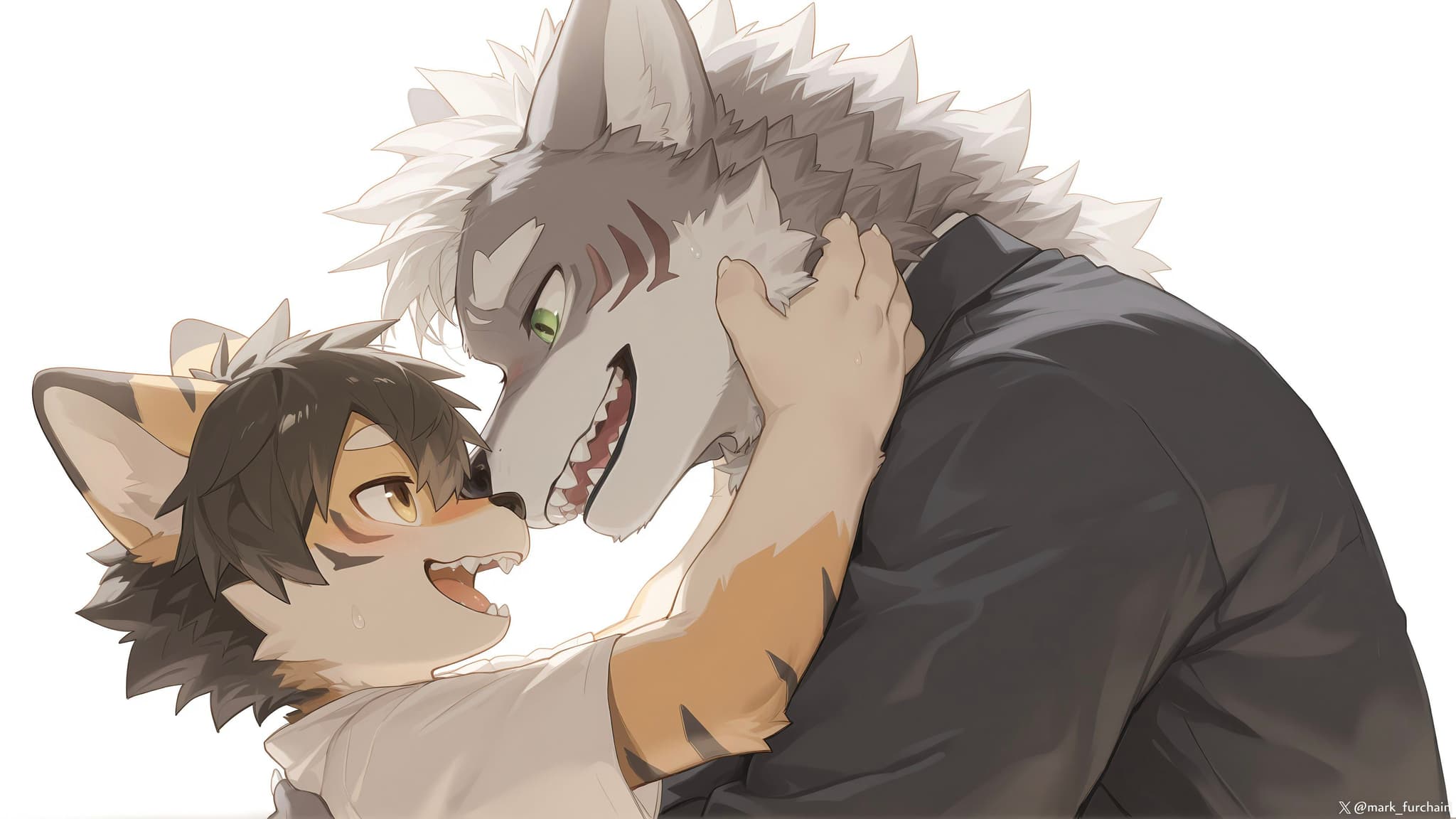 Two anthropomorphic wolf characters are embracing and smiling at each other, conveying a sense of affection and joy