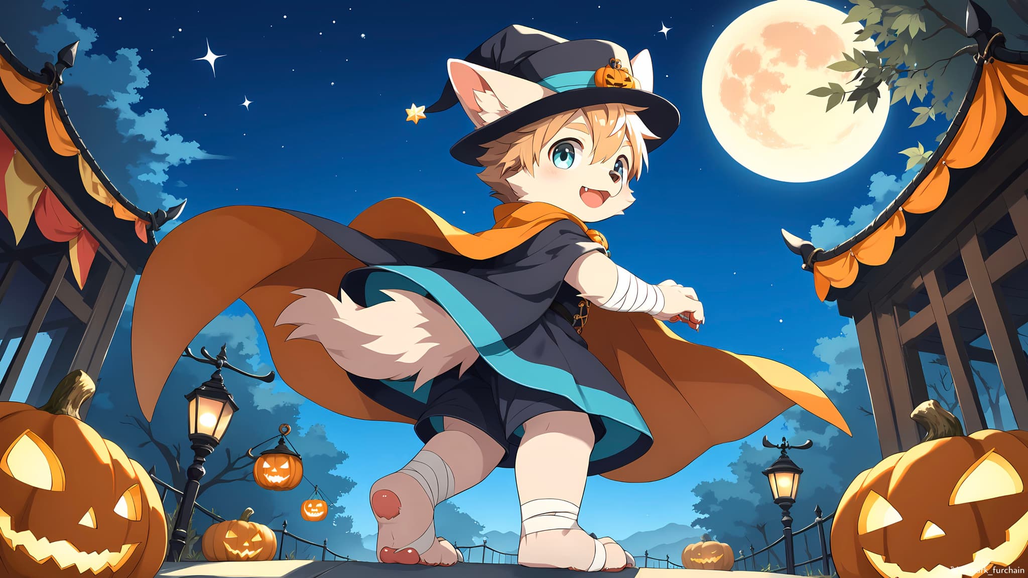 A cute, anthropomorphic cat character dressed as a witch, with a cape and hat, walking on a path lined with jack-o'-lanterns under a full moonlit sky