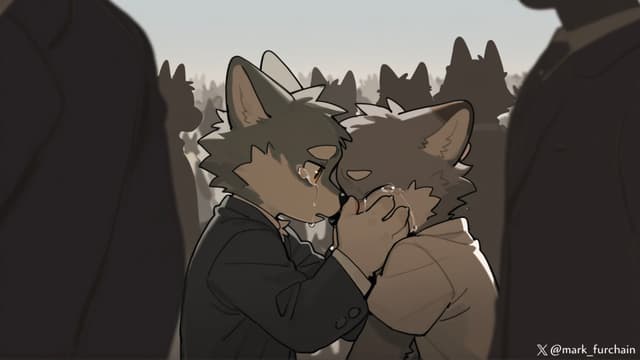 Two anthropomorphic wolves in suits share an emotional moment, touching foreheads, surrounded by a blurred crowd