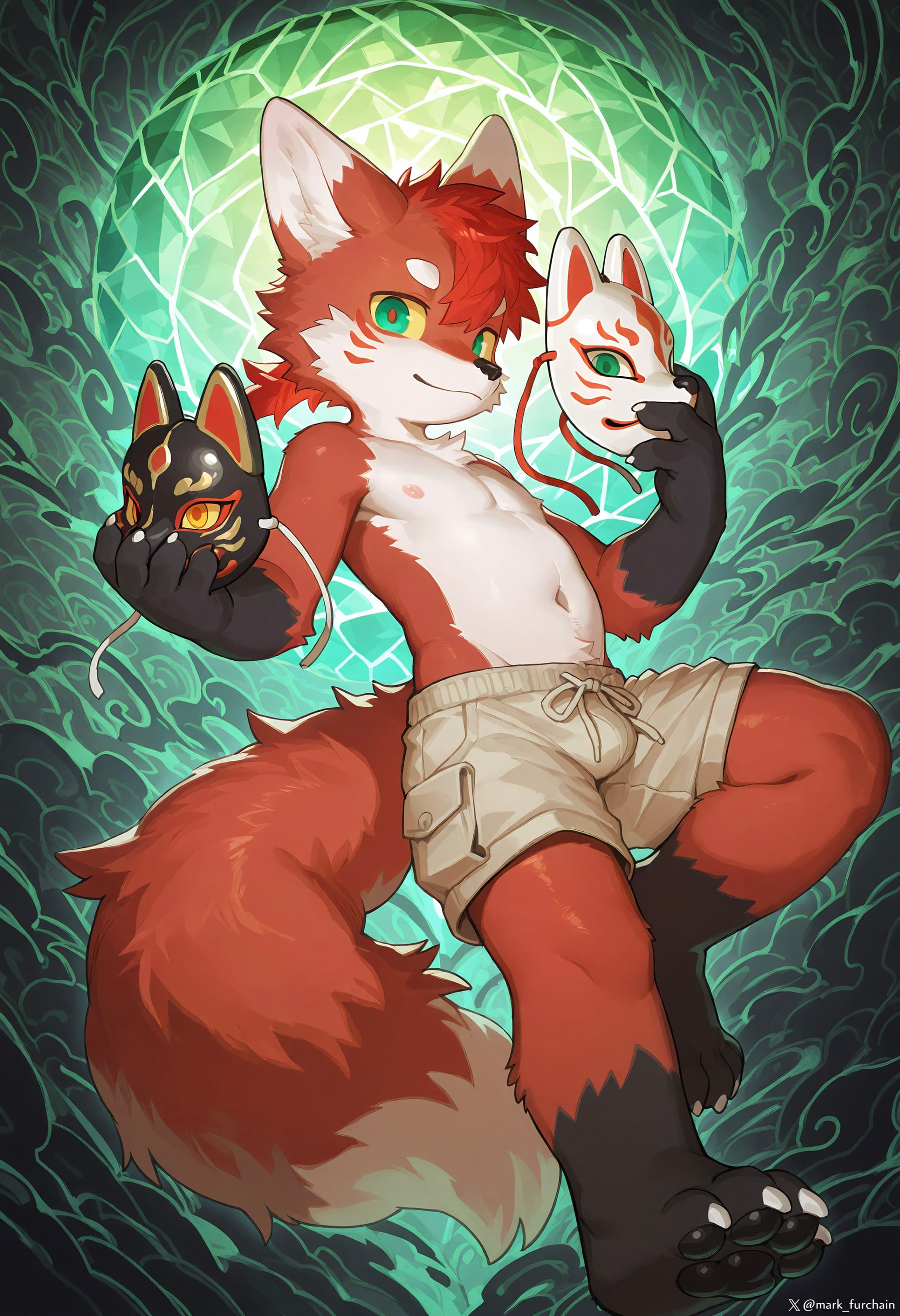 A red and white anthropomorphic fox character wearing shorts, holding two masks, one in each hand, with a glowing green background