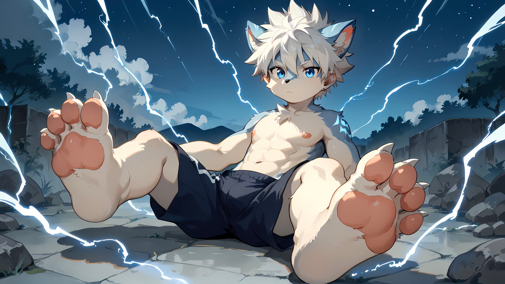 A shirtless anime character with cat ears and large paws sits on the ground, surrounded by lightning, against a night sky backdrop