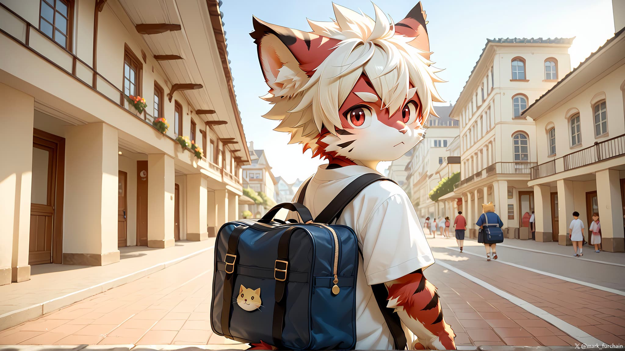 A person in a cat-themed costume with a backpack walks down a sunlit street lined with buildings