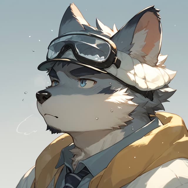 A stylized anthropomorphic wolf character wearing goggles, a cap, and a yellow jacket, looking to the side against a light background