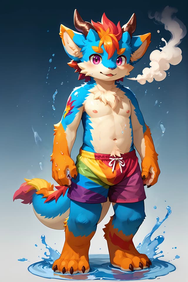 A colorful anthropomorphic creature with horns and a fluffy tail stands confidently in rainbow shorts, surrounded by splashes of water. Steam rises from its mouth, and its fur is a vibrant mix of blue, orange, and red