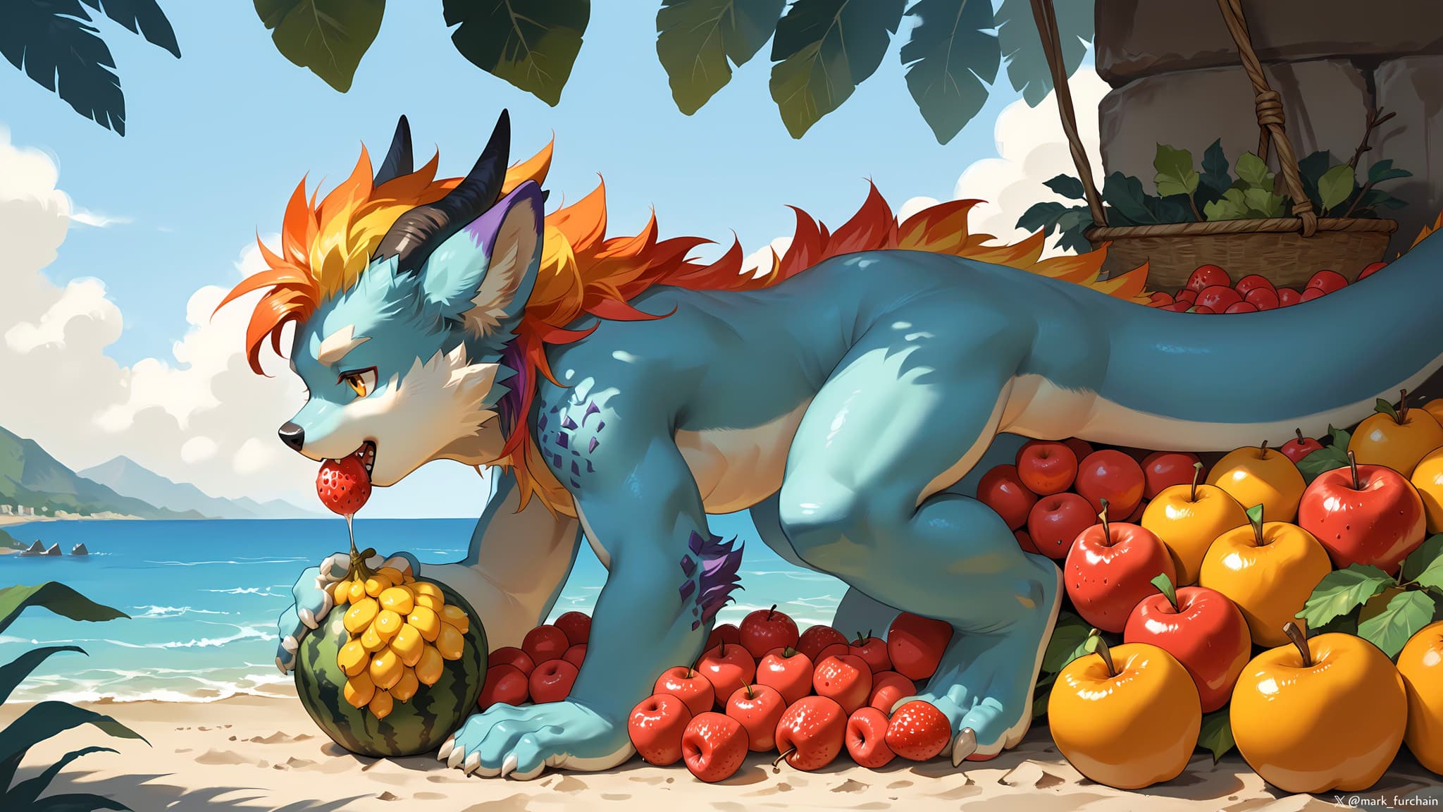 A colorful, dragon-like creature with orange and blue fur is playfully surrounded by a variety of fruits on a sunny beach