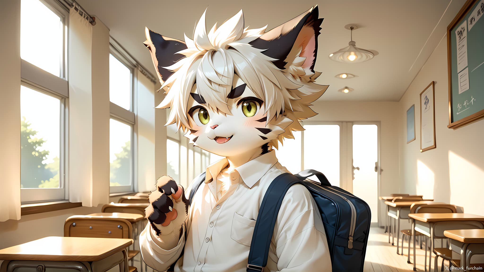 An anime-style character with cat-like features, including ears and a tail, stands in a classroom holding a smartphone. The character has spiky hair and wears a school uniform with a backpack. Sunlight streams through the windows, illuminating the room