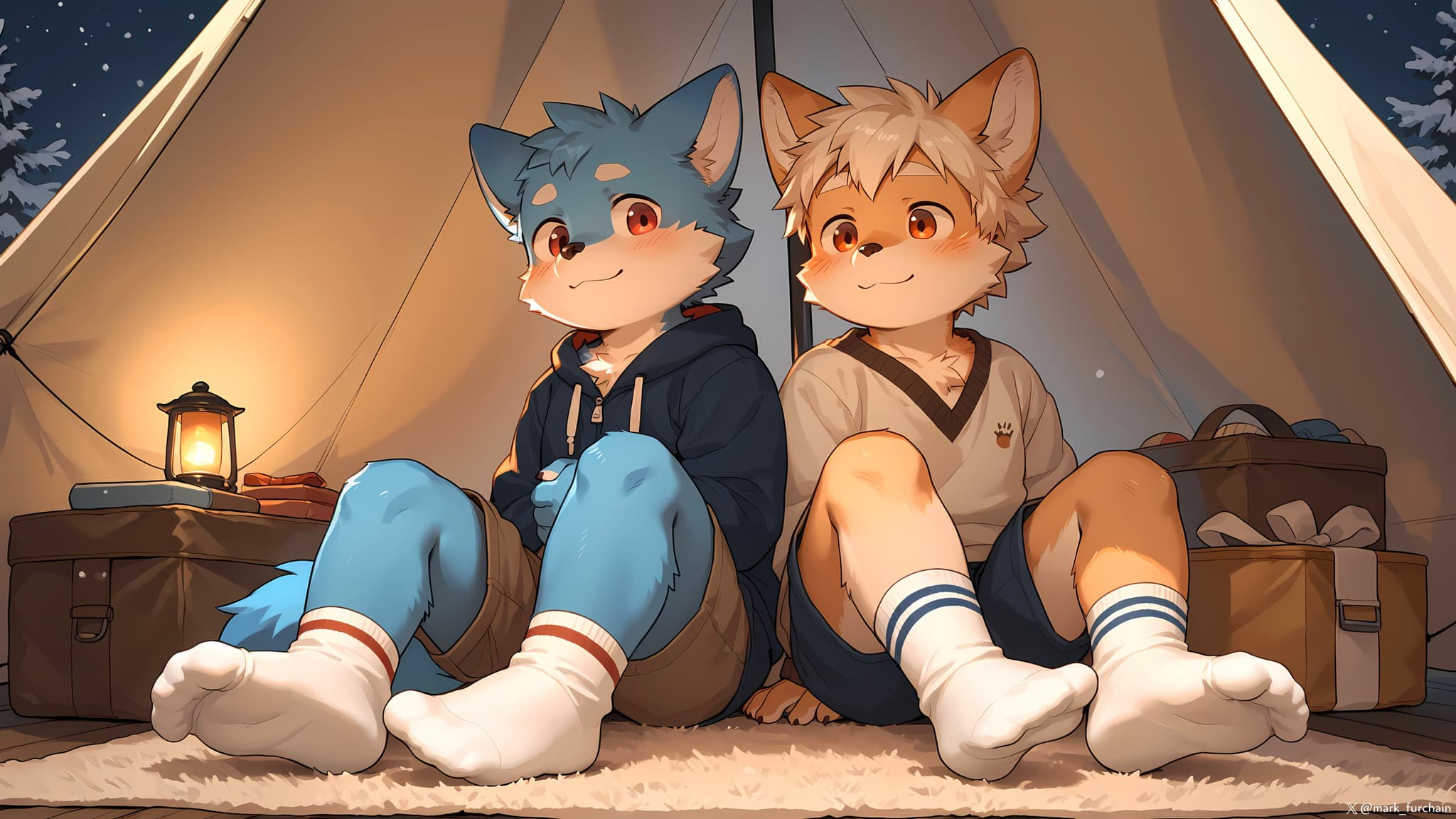 Two anthropomorphic characters with fox-like features sit together inside a cozy tent, surrounded by camping gear and a lantern, under a starry night sky