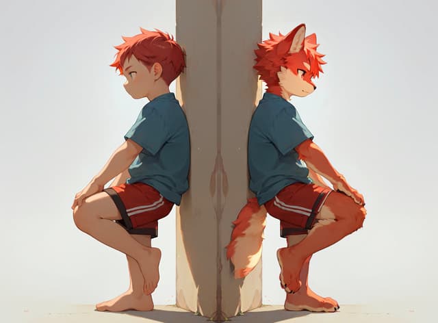 A young boy and a humanoid fox character sit back-to-back against a wall, both with red hair and wearing similar clothing