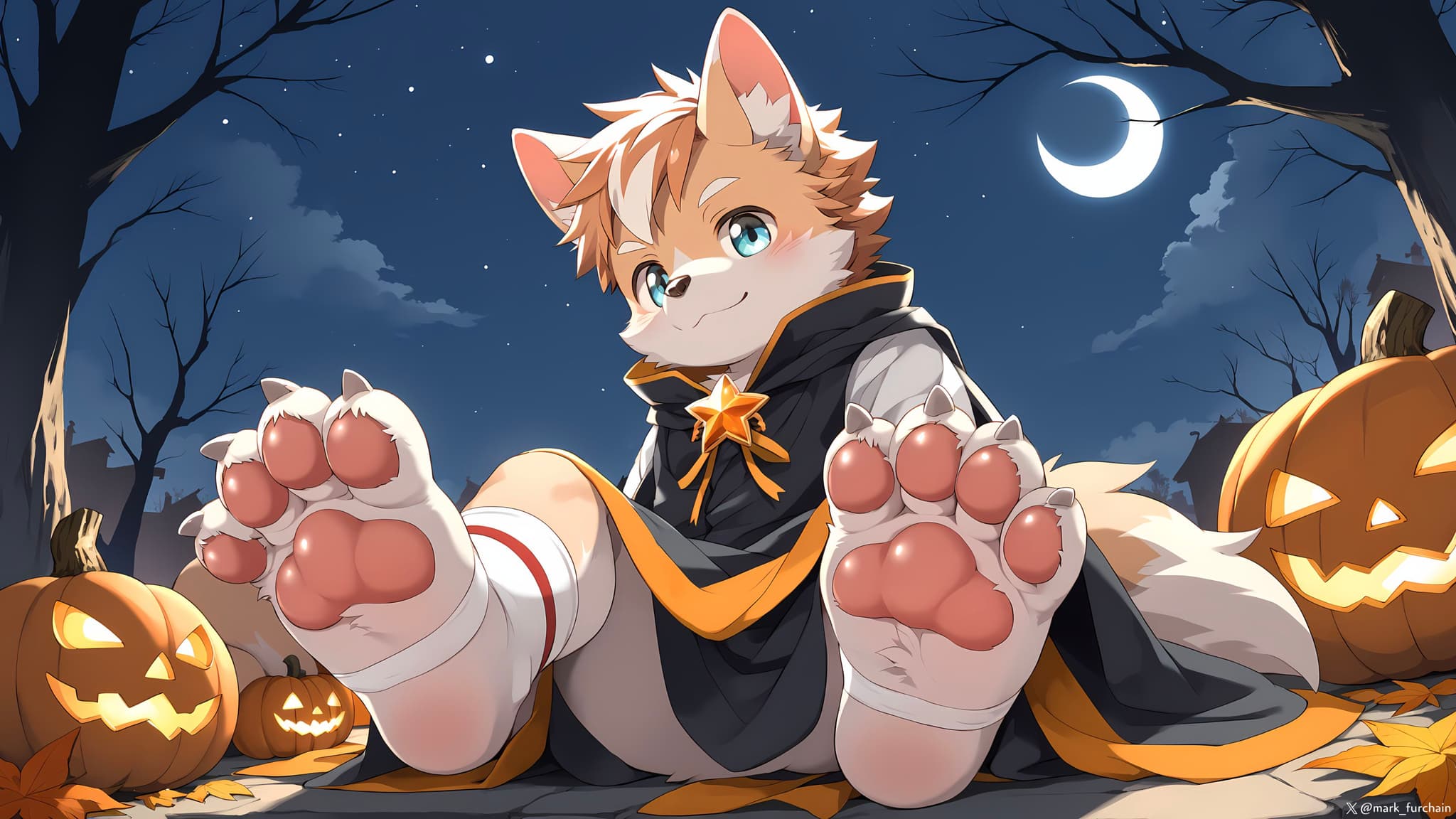 A cartoon fox character in a Halloween setting, wearing a cloak and sitting with large paws in the foreground, surrounded by carved pumpkins and bare trees under a crescent moon