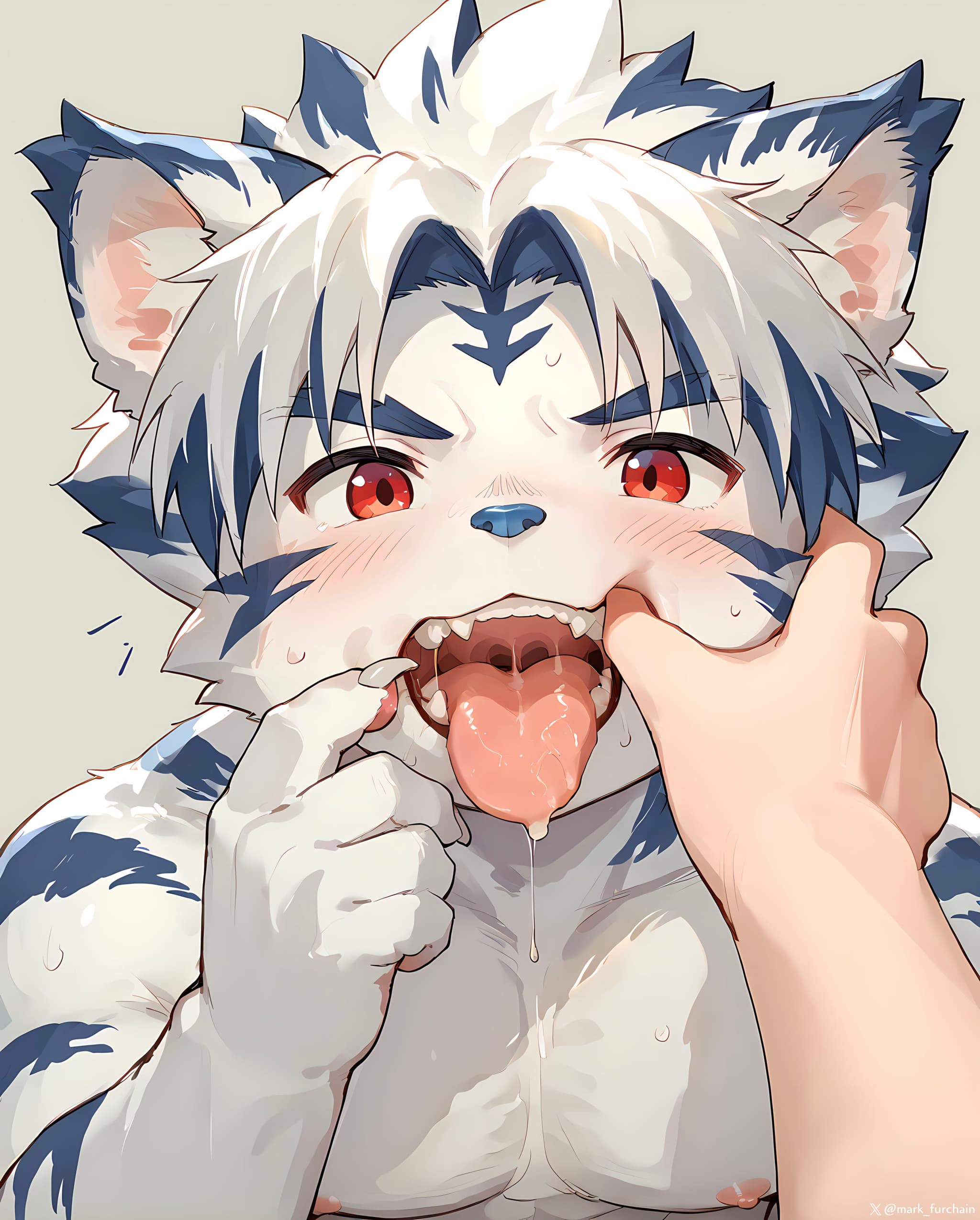 An anthropomorphic tiger character with blue and white fur, red eyes, and a playful expression, having its mouth playfully opened by a hand