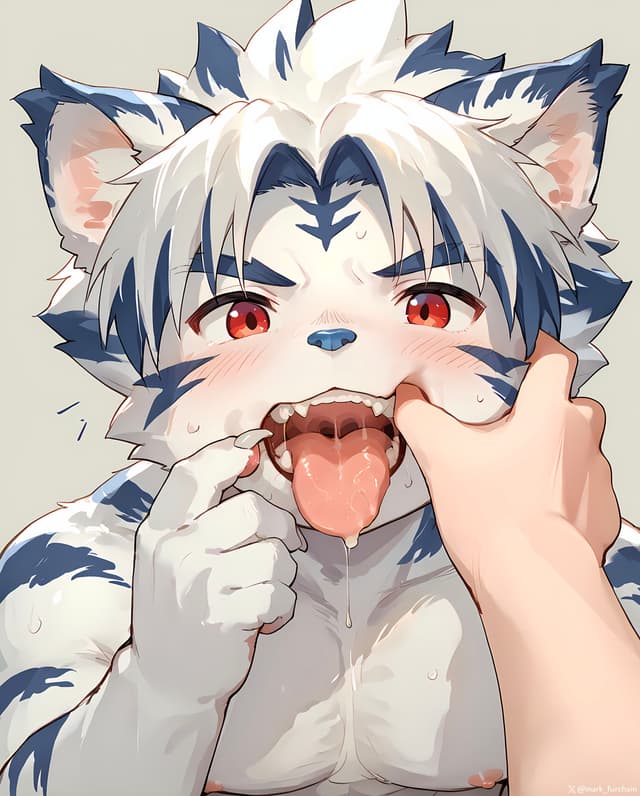 An anthropomorphic tiger character with blue and white fur, red eyes, and a playful expression, having its mouth playfully opened by a hand