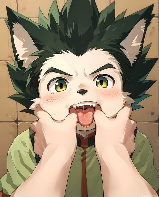 An anime-style character with animal-like features, including pointed ears and fur, is having their cheeks pulled apart, revealing their tongue. The character has green eyes and spiky hair, and appears to be in a playful or surprised expression