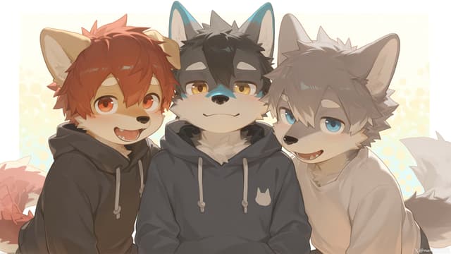 Three anthropomorphic wolf characters with different fur colors, wearing hoodies, smiling and posing together