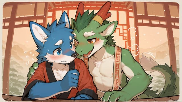 A blue anthropomorphic wolf and a green dragon are sitting together in a warm, intimate setting with traditional decor The dragon has its arm around the wolf, and they appear to be sharing a tender moment