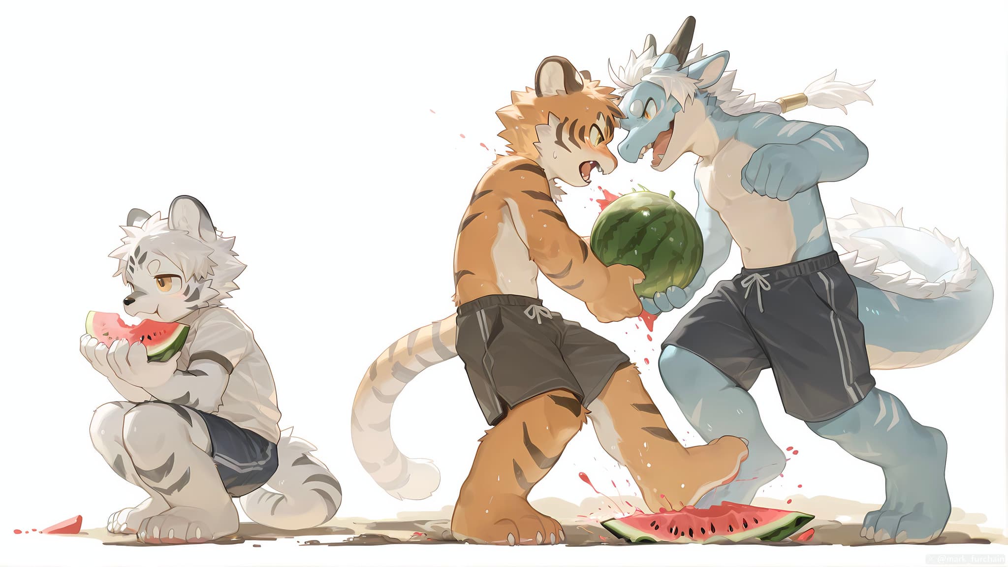 Three anthropomorphic animals enjoying watermelon; one is sitting and eating, while the other two are playfully fighting over a whole watermelon