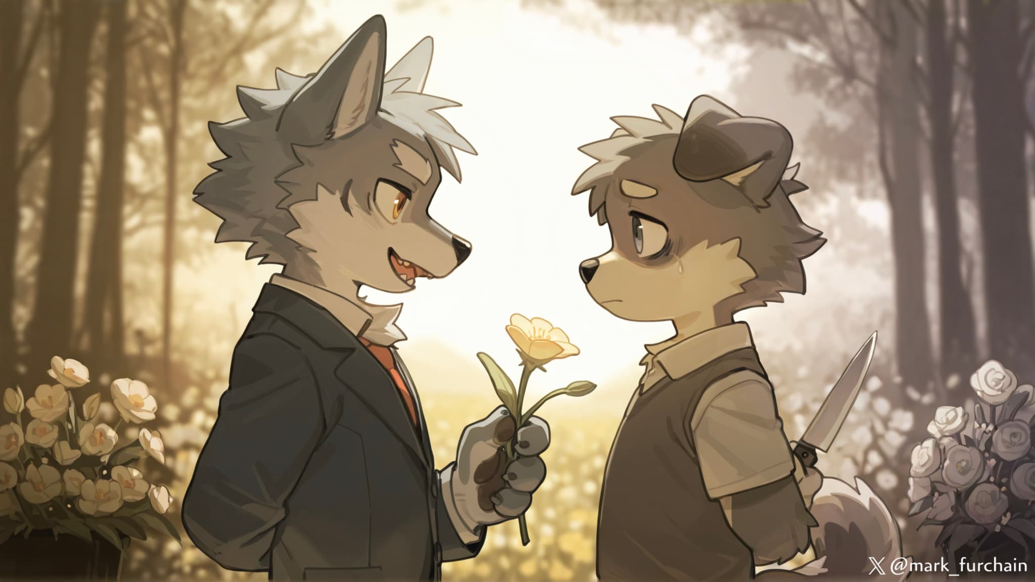 Two anthropomorphic animals stand facing each other in a forest. One, dressed in a suit, holds a yellow rose and scissors, while the other, in casual attire, holds a knife behind their back. The background is filled with trees and flowers, creating a serene atmosphere