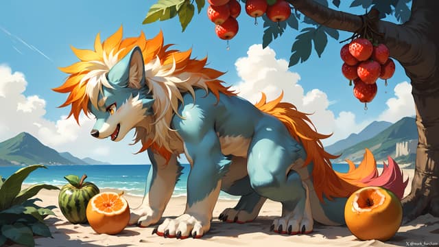 A colorful, wolf-like creature with vibrant orange and blue fur stands on a beach, surrounded by tropical fruits and a tree with red fruit. The background features a clear blue sky and distant mountains