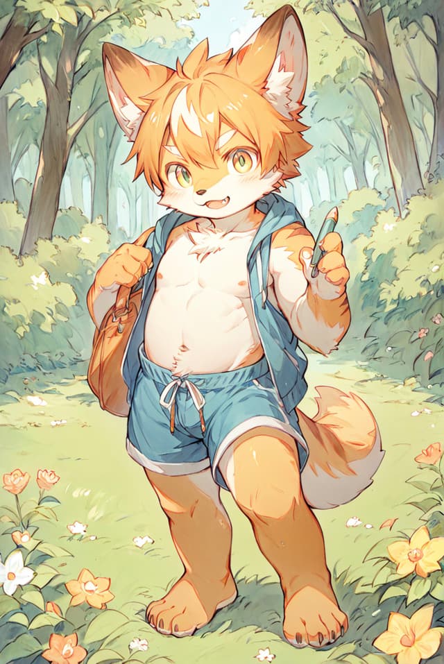 A cheerful, anthropomorphic fox character with orange fur and a fluffy tail, wearing blue shorts and a vest, stands on a flower-lined path in a sunlit forest