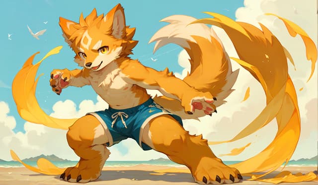 A cartoon fox character with orange fur and blue shorts stands in a dynamic pose on a beach, with a bright sky and fluffy clouds in the background