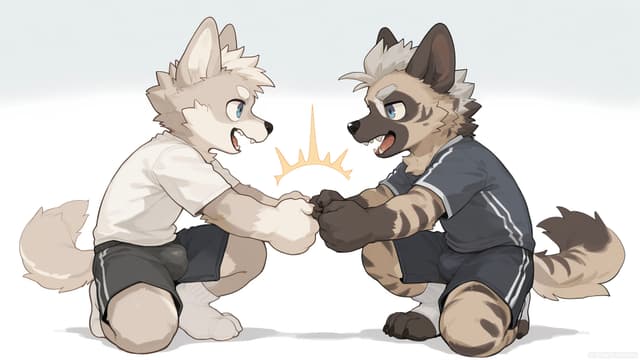 Two anthropomorphic canine characters in athletic attire are engaged in a playful interaction, touching fists with an energetic expression between them