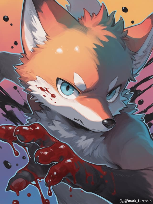 An anthropomorphic fox with intense eyes and a determined expression, extending a paw with red, paint-like splatters against a colorful background