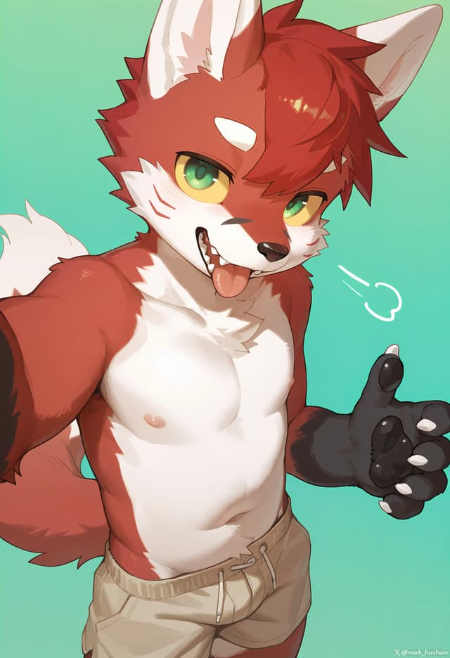 An anthropomorphic fox character with red and white fur, green eyes, and a playful expression, giving a thumbs-up gesture The character is wearing beige shorts and has a tuft of red hair on its head The background is a gradient of blue and green