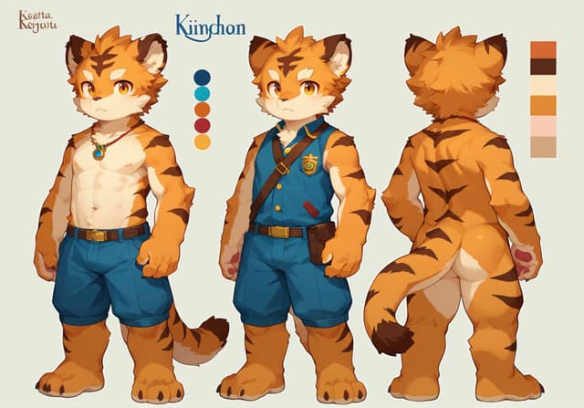 A cartoon-style anthropomorphic tiger character is depicted in three poses: front, side, and back. The character wears blue shorts and a vest, with a color palette and name Kinghan displayed