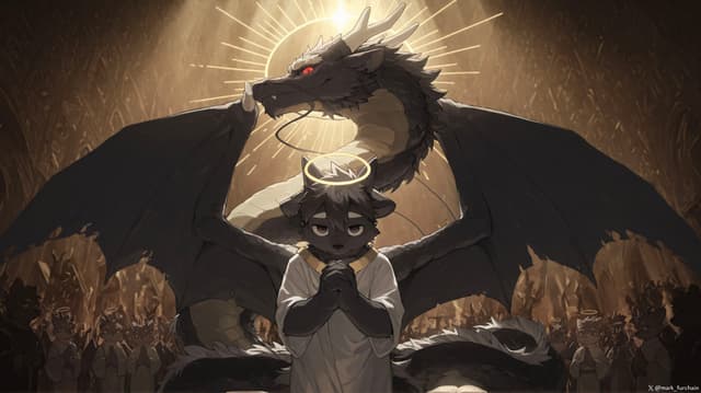 A dark, winged creature with a halo stands in front of a large dragon, surrounded by a crowd The scene is illuminated by a glowing light behind the dragon's head