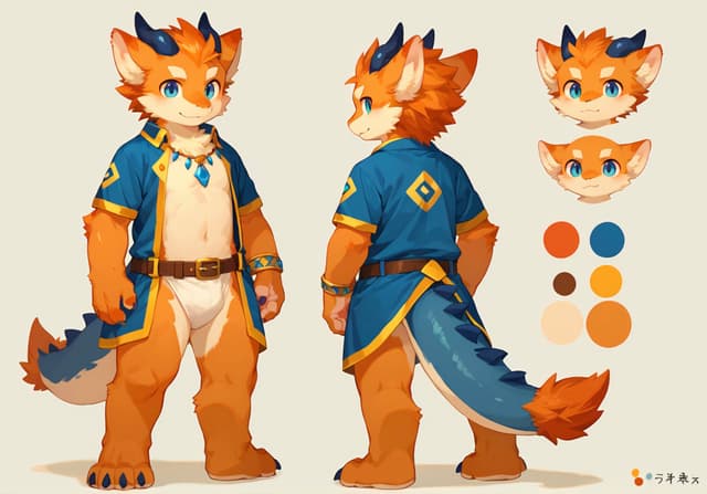 An anthropomorphic fox character with orange fur, blue clothing, and horns is depicted from the front and back. The design includes color swatches and additional facial expressions