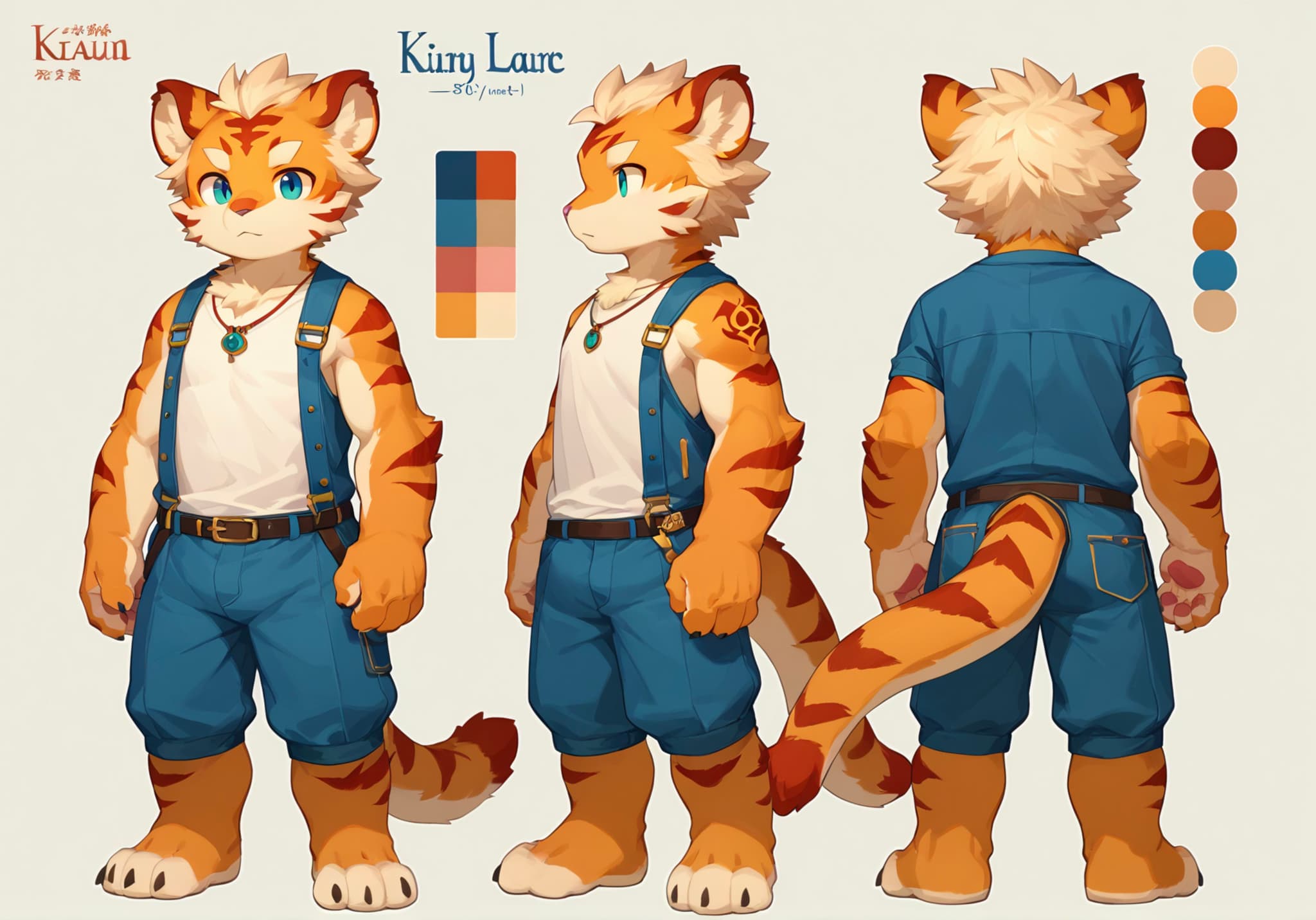 A character design of an anthropomorphic tiger with orange and white fur, wearing blue overalls and a white tank top. The character is depicted from the front, side, and back, with a color palette and name included