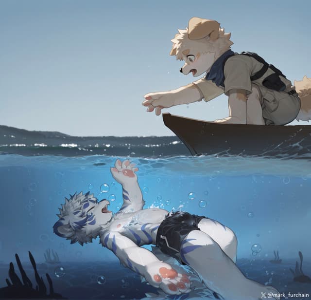 A cartoon-style scene with an anthropomorphic dog character in a boat reaching towards another character submerged underwater