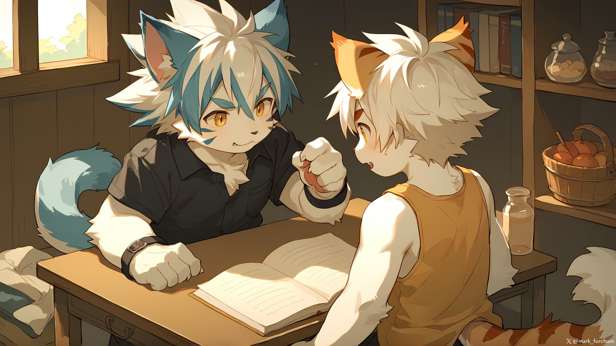 Two anthropomorphic characters with animal features, such as ears and tails, are sitting at a wooden table in a cozy room. One character with blue and white hair is gesturing while the other with white and orange hair listens. An open book is on the table, and shelves with various items are in the background