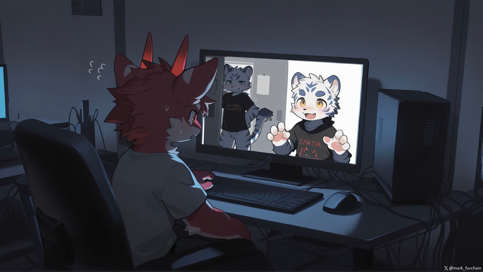 A person with red, spiky hair and animal-like features sits at a computer, watching a screen displaying two anthropomorphic characters The room is dimly lit, creating a focused atmosphere