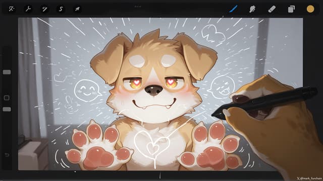 A digital drawing of a cute cartoon dog with large eyes and paws, being created on a tablet The artist's hand is visible holding a stylus, and the background features doodles of hearts and smiley faces
