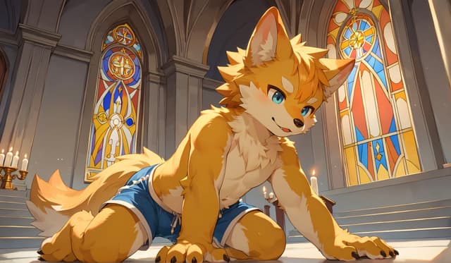 A humanoid fox character with orange fur and blue shorts is kneeling in a grand hall with stained glass windows and candles